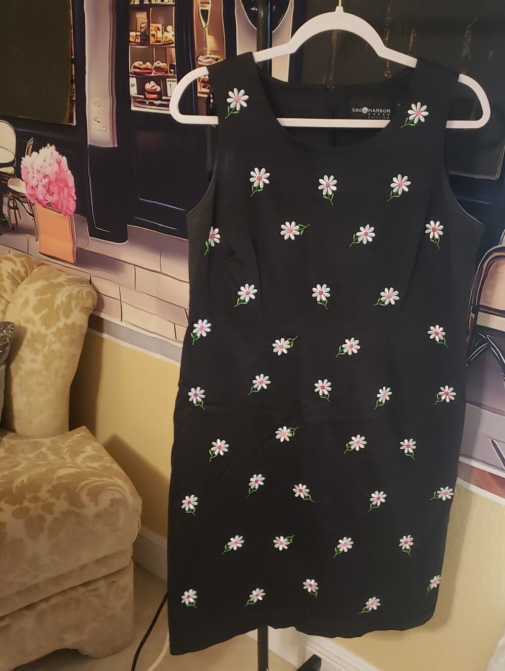 Sag Harbor Black Sleeveless Shift Dress with White & Pink Daisy Embroidery